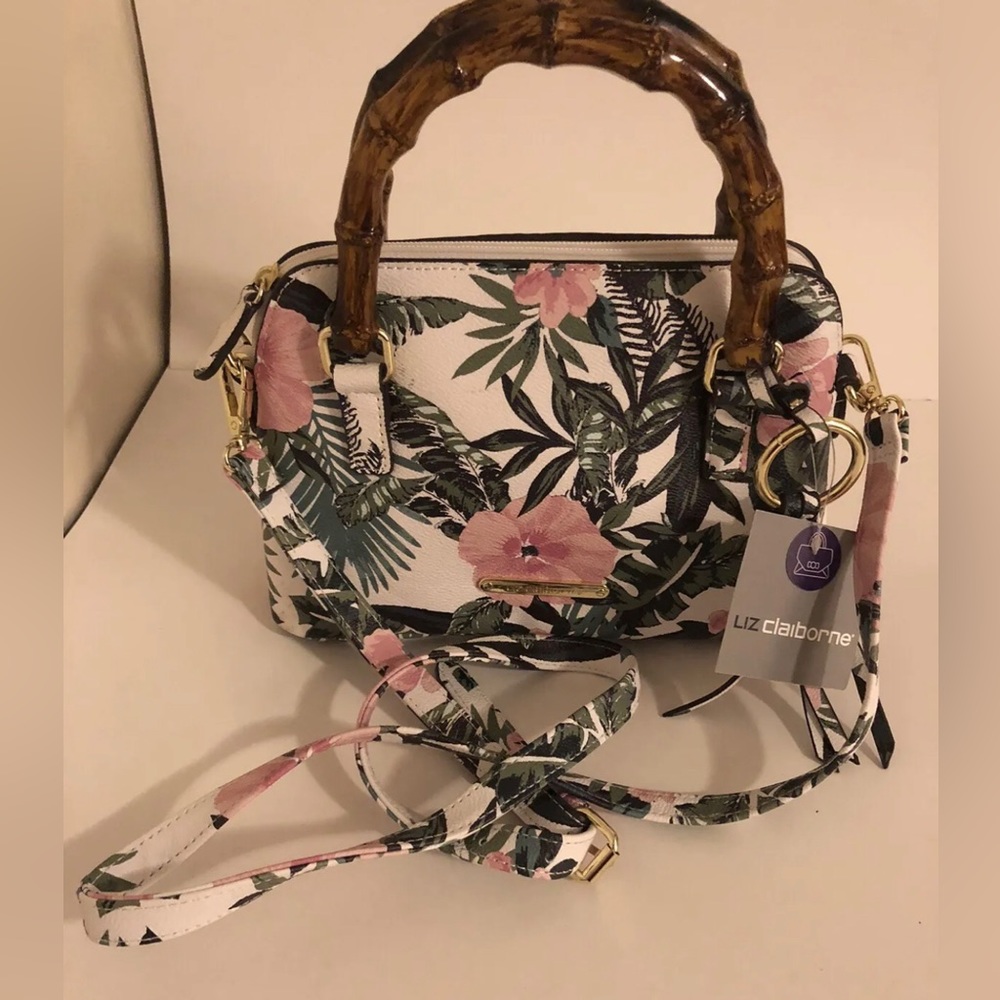 Liz Claiborne Tropical Floral Print Purse Faux Bamboo Handles Detachable Strap - Picture 3 of 8